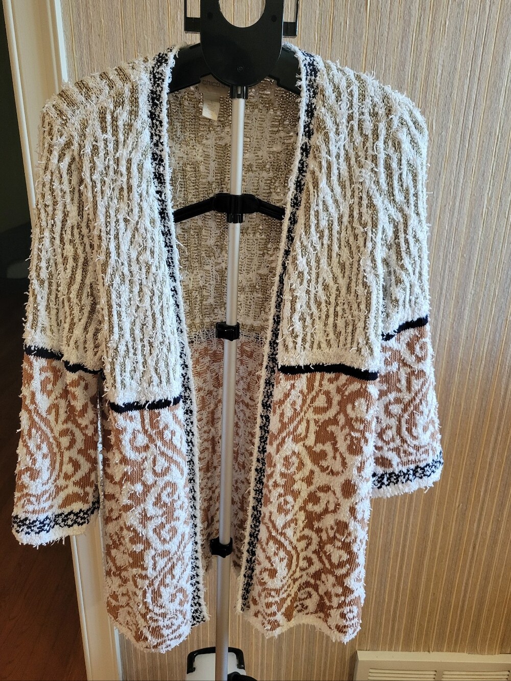 Chico's Audrey Cream and Tan Open-Front Cardigan with Black Trim Size1